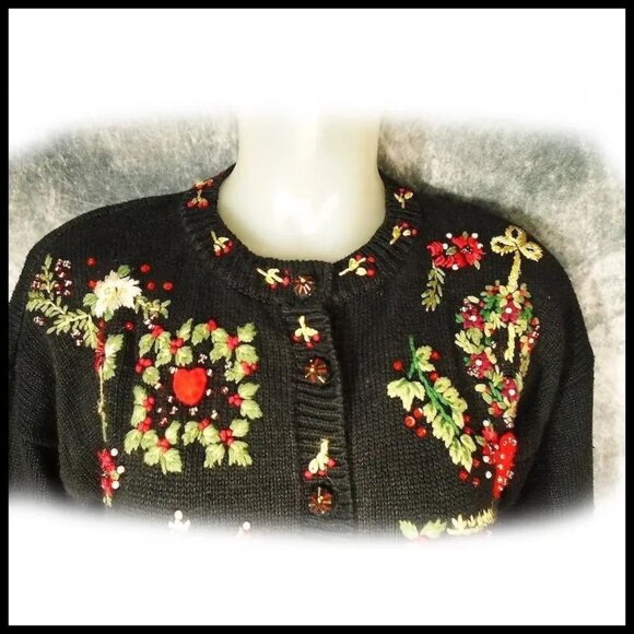 Black Christmas Sweater Lavish Ornate NOT UGLY Holiday Tiara Vintage - Picture 4 of 15
